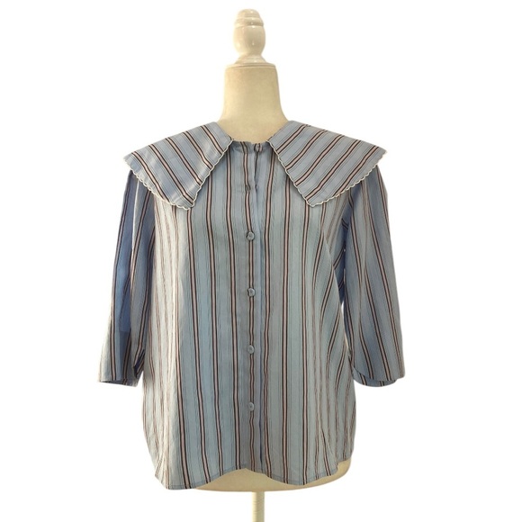 Paul & Joe Paris Striped Blouse Wide Collar Button Front NWOT Short Sleeves Silk - Picture 8 of 9